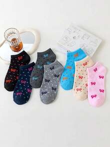 7 pares de calcetines cortos para mujer, con diseño de lazo, transpirables y absorbentes, de estilo versátil para el colegio - Multicolor - Ver 4