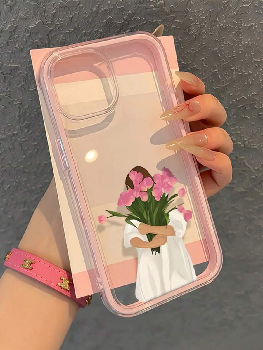 1pc Couple/Friend Gift Floral Girl Cute Pattern 2-In-1 Pink Frame Transparent Full Coverage TPU Shockproof Fashionable Phone Case Compatible With IPhone 11 12 13 14 15 16 17 Pro Max, Women - Multicolor - View 1