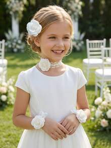 4件套：花朵发夹+荷叶边花朵领口+花朵袖套，婚纱摄影道具，婚礼装饰配件，派对拍照道具，婚礼用品，花环，腕花，亲子装 - 4件 - 查看 5