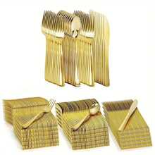 50/25/12/7pcs Gold Plastic Cutlery Set; Knives, Forks, Spoons, Suitable For 50 Guests, Cake Forks, Dessert Spoons, Salad Knives And Forks, Pasta Forks And Spoons, Reusable And Washable, Premium Tableware, Ideal For: Birthday, Wedding, Party, Family Gathering, Team Building, Outdoor BBQ, Camping, Banquet, School Supplies, Graduation Ceremony, Holiday Party And More Occasions (Full Cutlery Set, Full Kitchen Utensils Set, Cutlery, Gold Cutlery) - Gold - View 8