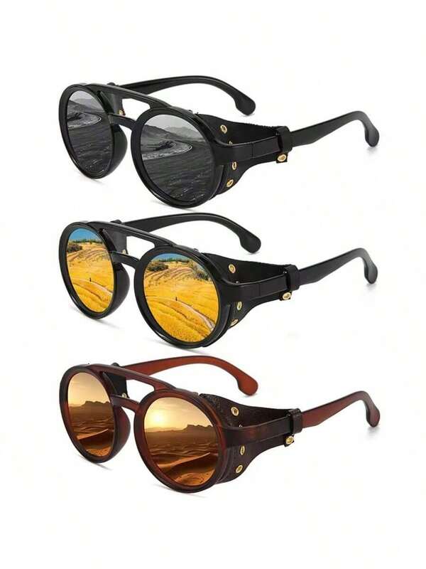 复古高端酷炫蒸汽朋克圆形时尚眼镜，PU皮革镜框双梁设计，男女通用，适合户外派对、度假、驾驶、钓鱼等场合，也可作为装饰品或拍照道具，是理想的礼物之选。