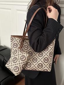 Retro Foldable Geometric Pattern Tote Bag, Shopping Bag With Mini Wallet, Suitable For Girls/Women For Shopping, Commuting, Travel, Back To School - Khaki - View 5