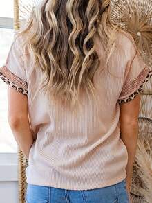 Acelitt Áo thun ngắn tay cổ tròn, màu trơn, phối họa tiết da báo, có cổ, kiểu dáng thường ngày, thích hợp mặc mùa hè. - Màu be - Xem 2