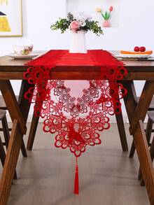 1 chiếc khăn trải bàn lưới thêu ren đỏ với tua rua trang trí lãng mạn, thích hợp cho bàn ăn, bàn cà phê, tủ giày, tủ đựng đồ, trang trí nhà cửa và tiệc cưới, ngày lễ. - Đỏ - Xem 1