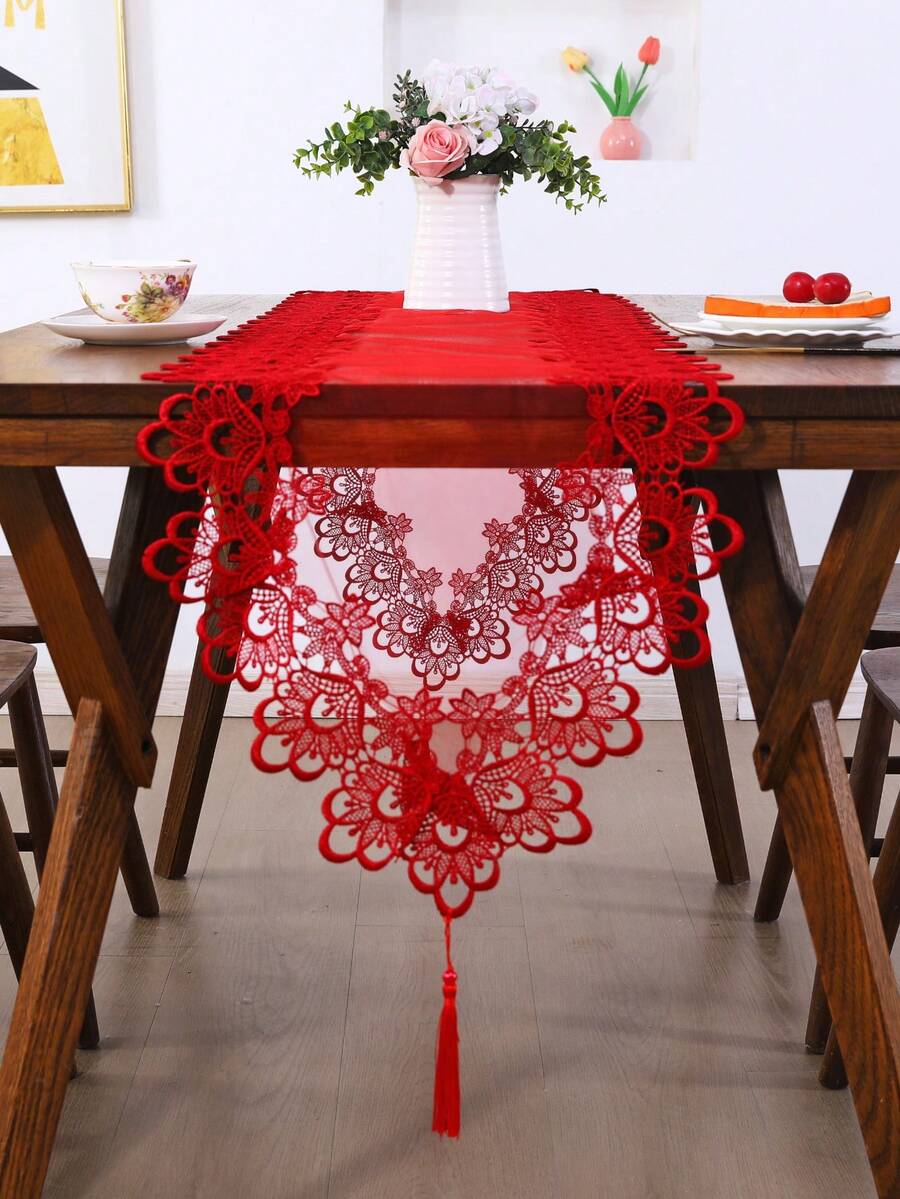 1 chiếc khăn trải bàn lưới thêu ren đỏ với tua rua trang trí lãng mạn, thích hợp cho bàn ăn, bàn cà phê, tủ giày, tủ đựng đồ, trang trí nhà cửa và tiệc cưới, ngày lễ. - Đỏ - Xem 1