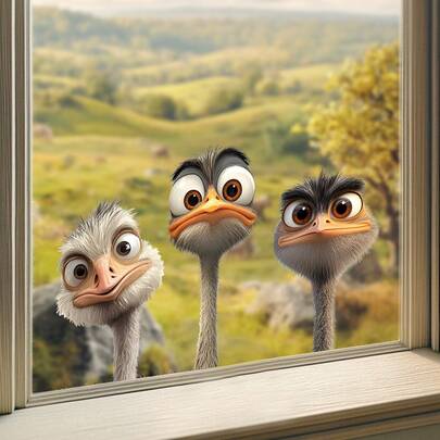 1 st rolig fönsterdekoration med storögd struts, självhäftande genomskinlig dörr-/fönsterdekoration, nyckfull vinterdjurscen