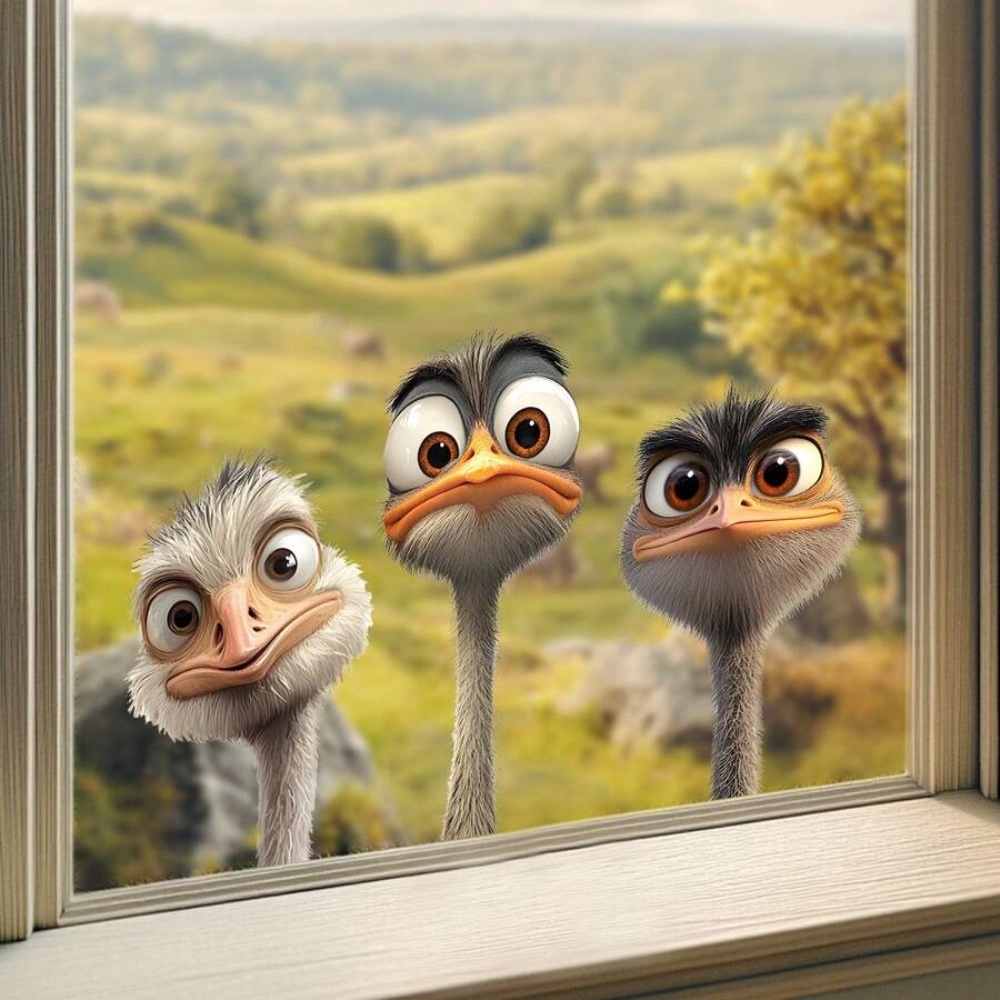 1pc Funny Big-Eyed Ostrich Window Sticker, Self-Adhesive Translucent Door/Window Decor, Whimsical Winter Animal Scene Sticker - Multicolor - View 1