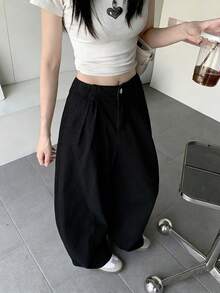 宽松版型纯色口袋宽松裤腿休闲牛仔裤 黑色 春季 - 黑色 - 查看 2