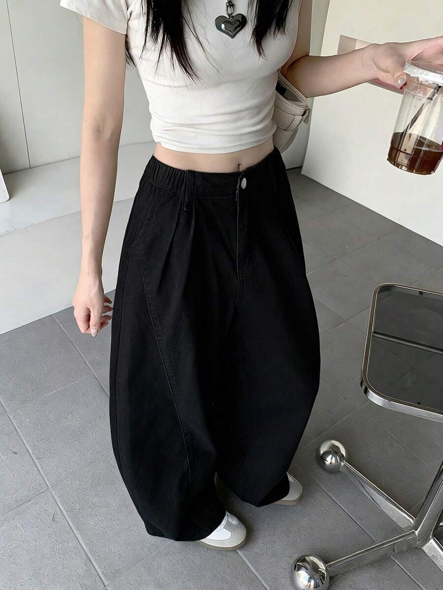 宽松版型纯色口袋宽松裤腿休闲牛仔裤 黑色 春季