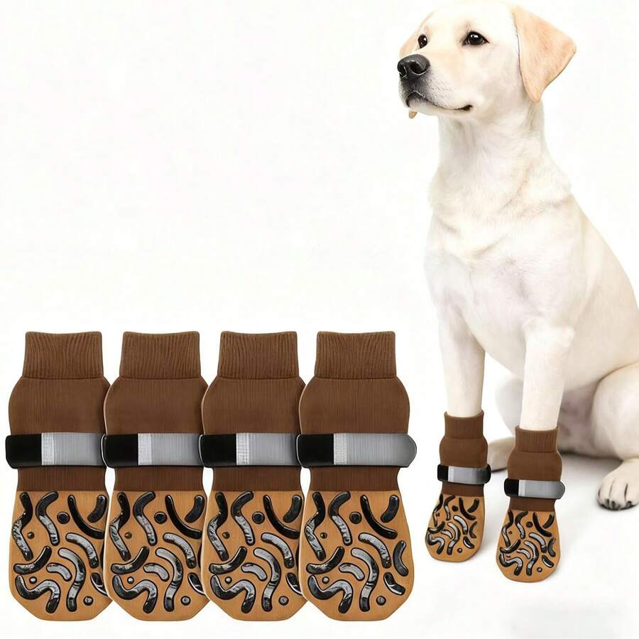 4pcs Anti-Scratch Dog Socks, Double-Sided Non-Slip, Prevent Licking And Biting Hardwood Floors, Strong Grip, Protect Paws - Yellow - View 1
