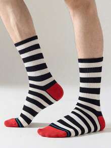 2 Pairs Unisex Black & White Striped Mid-Calf Socks, Fashion Casual Socks, Couple/Streetwear/Sports/Basketball Socks - Multicolor - View 3