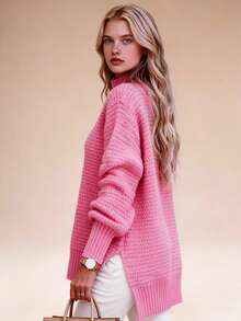 Women's Mock Neck Chunky Knit Sweater, Oversized Textured Multi-Color Pullover, Cozy & Stylish Spring Essential, Elegant Side Split Long Sleeve Jumper, Casual Spring Knit Top, Transitional Layer Piece, Perfect For New Year & Valentine's Day - 粉紅色(升級款) - 查看 2