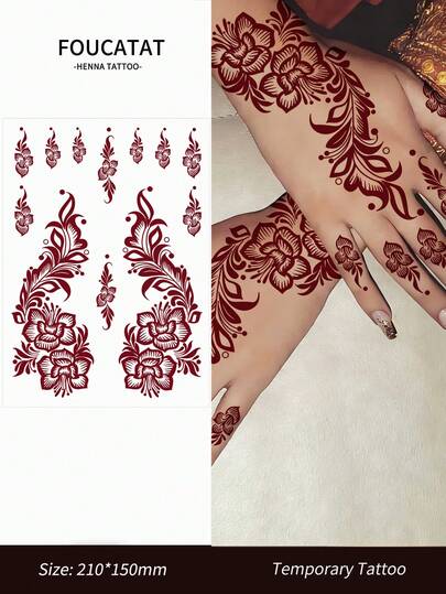 1 Tờ Hình Xăm Henna, Hình Xăm Tạm Thời Hoa Màu Nâu Chống Thấm Nước Dành Cho Phụ Nữ, Thích Hợp Cho Tay Và Cơ Thể, Trang Trí Mehndi.