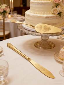 2件套婚礼蛋糕刀叉套装，不锈钢蛋糕切割套装，适用于婚礼、生日、周年纪念日 - 彩色 - 查看 2