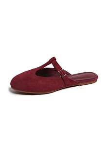 Giày sandal nữ thời trang mùa hè, quai da lộn, kiểu dáng retro, đế bằng, xỏ chân, hở gót, giày casual. - Màu Đỏ Sâu - Xem 4