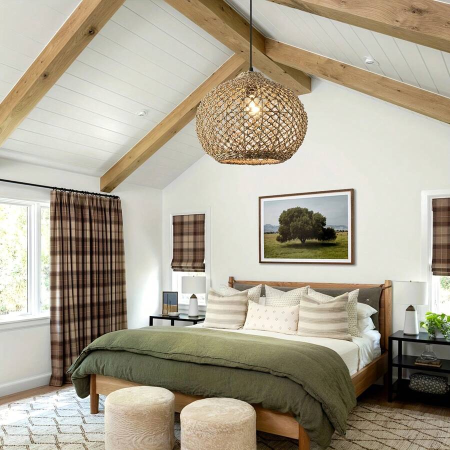 13.79 Inch Seagrass Woven Pendant Light, Modern Retro Handmade Rattan Hanging Lamp Fixture, Suitable For Kitchen Island, Dining Room, Bedroom, Entryway, Hallway, Living Room - 35cm In Diameter - View 1