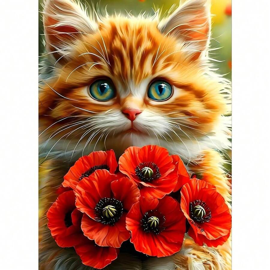 GDYEEH DIY Kitten 5D Diamond Art Kits, Round Full Drill Sparkling Pies Flowers Diamond Painting Picture, Fantasy Cat Painting By NFUmbersss Art Kits For Adults Beginners Home Wall Decor 12x16 Inch - UCGD465 - 查看 1