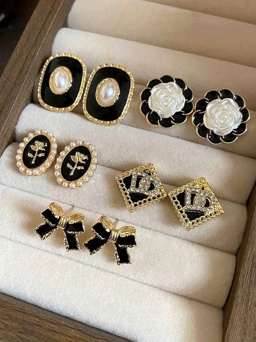 5对复古花朵、蝴蝶结、几何图案、圆形和方形耳钉套装，优雅百搭的女士耳环 - 金色 - 查看 1