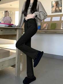 Women's New Slim Fit Solid Color High Waist Flare Jeans Casual Black Spring Fall - Black - View 2
