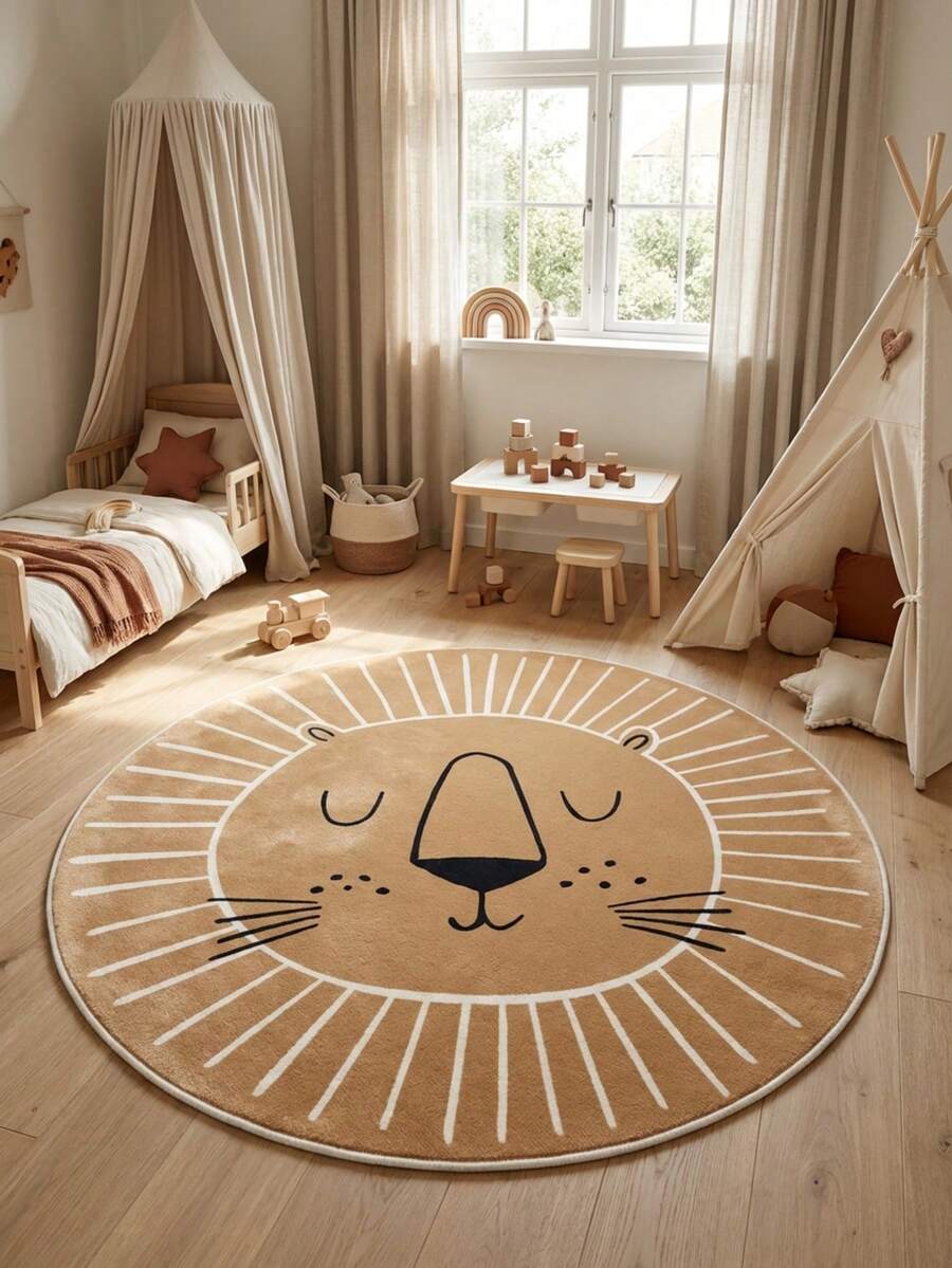 1pc Cartoon Lion Round Faux Wool Rug, Soft & Absorbent, Entryway Doormat, Home Decor, Party Decoration, New Year Carpet, Small Rug, Cute & Minimalist, Suitable For Elders, Youth, Children, Living Room, Dining Room, Study, Bedroom, Gift For Daughter, Girlfriend - Multicolor (New) - View 1