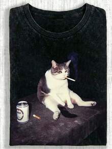 大码女式夏季趣味吸烟猫图案印花圆领短袖简约休闲日常黑色水洗T恤上衣，吸烟猫印花女式上衣，趣味小猫印花女式夏季服装，酷炫猫咪印花夏季上衣 - 黑色 - 查看 2