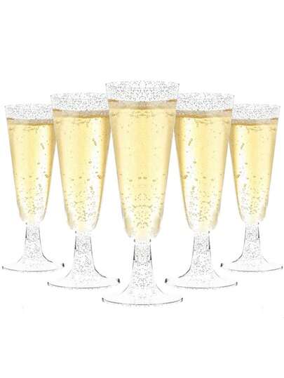 5/10/25/30/50-Piece Decorative Silver Powder Plastic Champagne Glasses, Shiny Party Decorations, 130ml/4.5 Ounce Reusable Gold Powder Plastic Champagne Glasses, Durable And Elegant Flute-Shaped Wine Glasses, Suitable For Weddings, Cocktail Parties, Holidays, Christmas, New Year