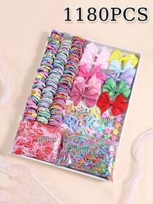 1180件套女童休闲日常上学头饰发夹，发饰套装，包括发圈、发绳、发卡，适合春夏佩戴 - 彩色 - 查看 10