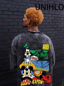 Disney UNIHLO   Mickey   Printed Summer Heavyweight Retro Washed Street Fashion Casual T-Shirt - màu đen - Xem 2