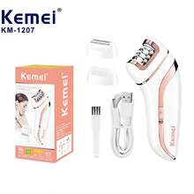 Kemei KM-1207 电动脱毛器，女士剃毛器，无痛脱毛仪，适用于腿部、腋下、比基尼区域和私处，三合一功能，从根部去除毛发，包含电动磨脚器和修甲工具 - 白色 - 查看 2