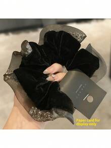 Rhinestone Scrunchie, New Velvet Hair Tie, Large Elastic Hair Scrunchie, Hair Accessories For Women ,Scrunchy Hair Ties Head Accessories Ponytail Holder - Black - View 3