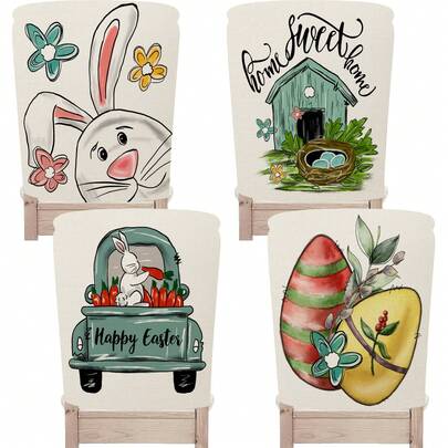 1pc/4pcs/24pcs Easter Polyester Chair Cover, Car Carrot Rabbit Egg Wooden House Chair Back Protector Cover, Washable For Home Dining Room Living Room Kitchen Decor
