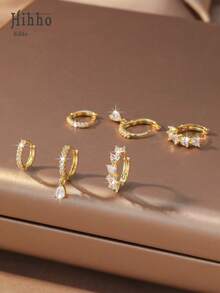 Hihho 3 Pairs Gold Zirconia Earring Set, Classic Zirconia Stud, Water Drop Pendant, Heart Hoop Earrings, Multi-Element Design, Shiny And Attractive For Daily Wear And Stacking - Stacking Earrings - View 4