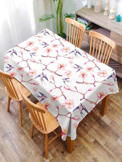 1件花卉植物图案印花桌布，长方形，略微防水印花餐桌布，适用于餐厅和客厅装饰