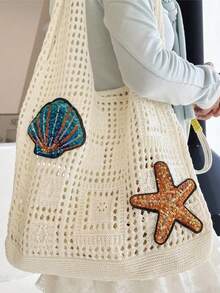 Fashionable Women's Woven Tote Bag, Coin, Shell & Starfish Patch, Large Capacity Foldable Portable Bag, Summer Beach Tote - Multicolor - View 3