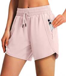 Ksmien Women's 5 Athletic Running Shorts Quick Dry Lightweight Workout Gym Shorts With Zipper Pockets UPF 50+A Valentine's Day 9OD9 - Pink - View 1