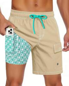Men Swim Trunks With Compression Liner Quick Dry Breathable Multi Pockets Summer Beach Cruise ParkA Valentine's Day WDDU - 駝色卡其色 - 查看 7