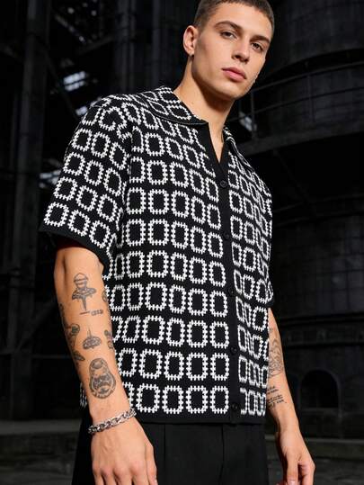 男士街头风短袖几何图案针织开衫，适合日常穿着和度假，西海岸风格