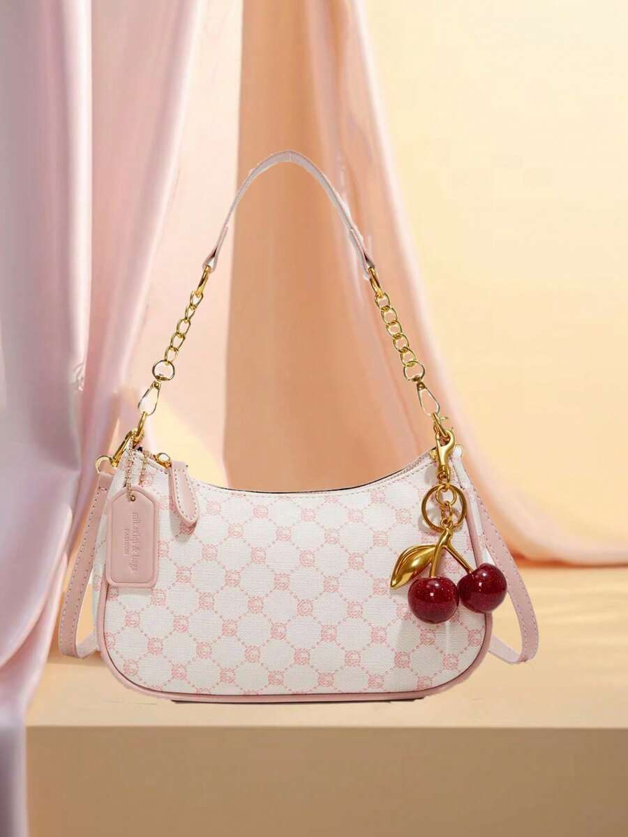 New Fashion Classic Pink Star Style Versatile PU Waterproof Material Letter Decor Design, Solid Color Crescent Shoulder Bag, Chain Shoulder Underarm Bag, Cherry Pendant Decor Women Wallet, Elegant Business Commute Bag, Lightweight, Ample Storage Space, Suitable For Shopping, Gatherings And Other Occasions, Can Be Worn Crossbody. , Pink