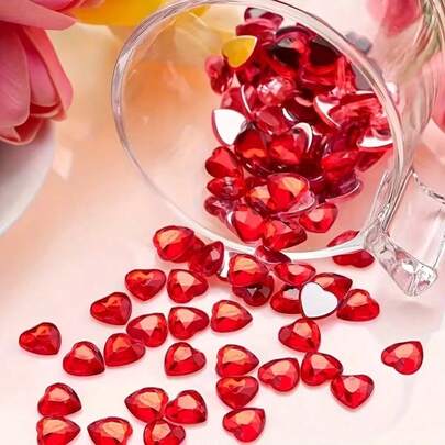 2D Flat - 100Pcs Red/Pink Sparkling Heart-Shaped Rhinestones - Acrylic Imitation Decorative Beads, Suitable For Valentine's Day, Weddings, Crafts, Art Supplies, And Hobbyists