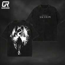 Retro Limited Vintage The Elder Scrolls Skyrim Unisex Oversize Washed Lightweight Cotton T-Shirt, Wash Gift For Game Fan, Game Merch - 黑色 - 查看 2