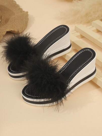 New Girl Flat Loafers Sandals, Cute Black Plush Lightweight & Comfortable, Open Toe Wedge Sandals, Fashionable Versatile Casual Shoes, Suitable For Summer Beach, Outdoor, Casual Occasions