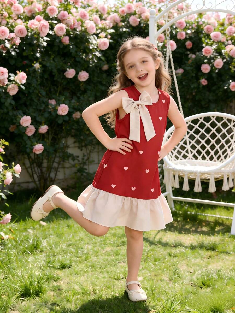 Summer Girls Sleeveless Dress, Heart Print, Bow Collar, Contrast Ruffle Hem, Loose Fit, Sweet Princess Style, Breathable & Lightweight - Red - View 1