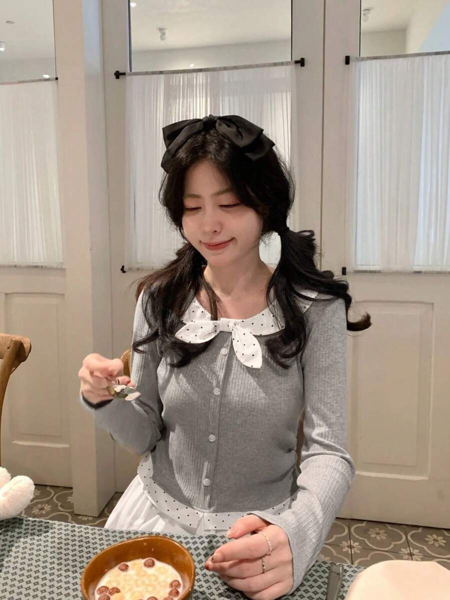 女士法式灰色长袖T恤，春秋新款，波点蝴蝶结圆领露脐上衣 - 灰色 - 查看 1