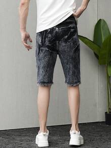 Teenage Boys' Casual Campus Fashion Straight Leg Denim Shorts, Versatile Streetwear - Navy Blue - View 5