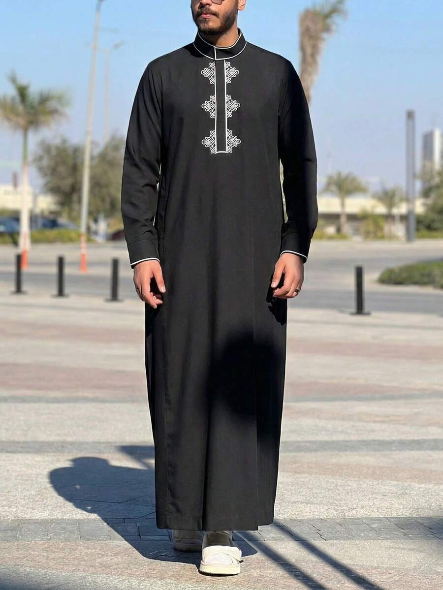 White Embroidered Long Sleeve Stand Collar Ramadan Men's Robe, Traditional Saudi Arabian Men's Clothing, Suitable For Festivals, Ramadan Men's Clothing Gift - Black - View 1