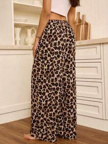 女士豹纹宽松睡裤，高腰抽绳舒适家居休闲裤 - 彩色 - 查看 2