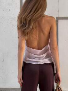 Yuyi 服装金属扣不对称下摆 V 领吊带粉色女士吊带背心，夏季吊带背心，度假海滩街头装扮 - 淡紫色 - 查看 2