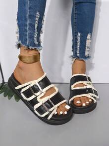 女士厚底极简露趾套脚休闲沙滩拖鞋，毛边设计，夏季 - 黑色 - 查看 7