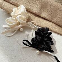 Pearl Bow Ribbon Hair Scrunchies, Versatile Solid Color Princess Style Hair Ties, French High Elasticity Small Intestine Circle Hair Bands ,Ponytail Holders ,Hair Elastics ,Hair Rubber Bands ,Hair Rope , - Multicolor - View 8