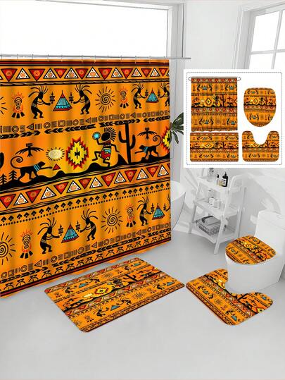 1/4 件套古埃及法老图腾南美风格浴帘套装，含防滑地毯，复古异域风情浴室装饰，浴室配件包括浴垫、U型垫、马桶座套、防水浴帘（70.87x70.87 英寸，带 12 个挂钩）